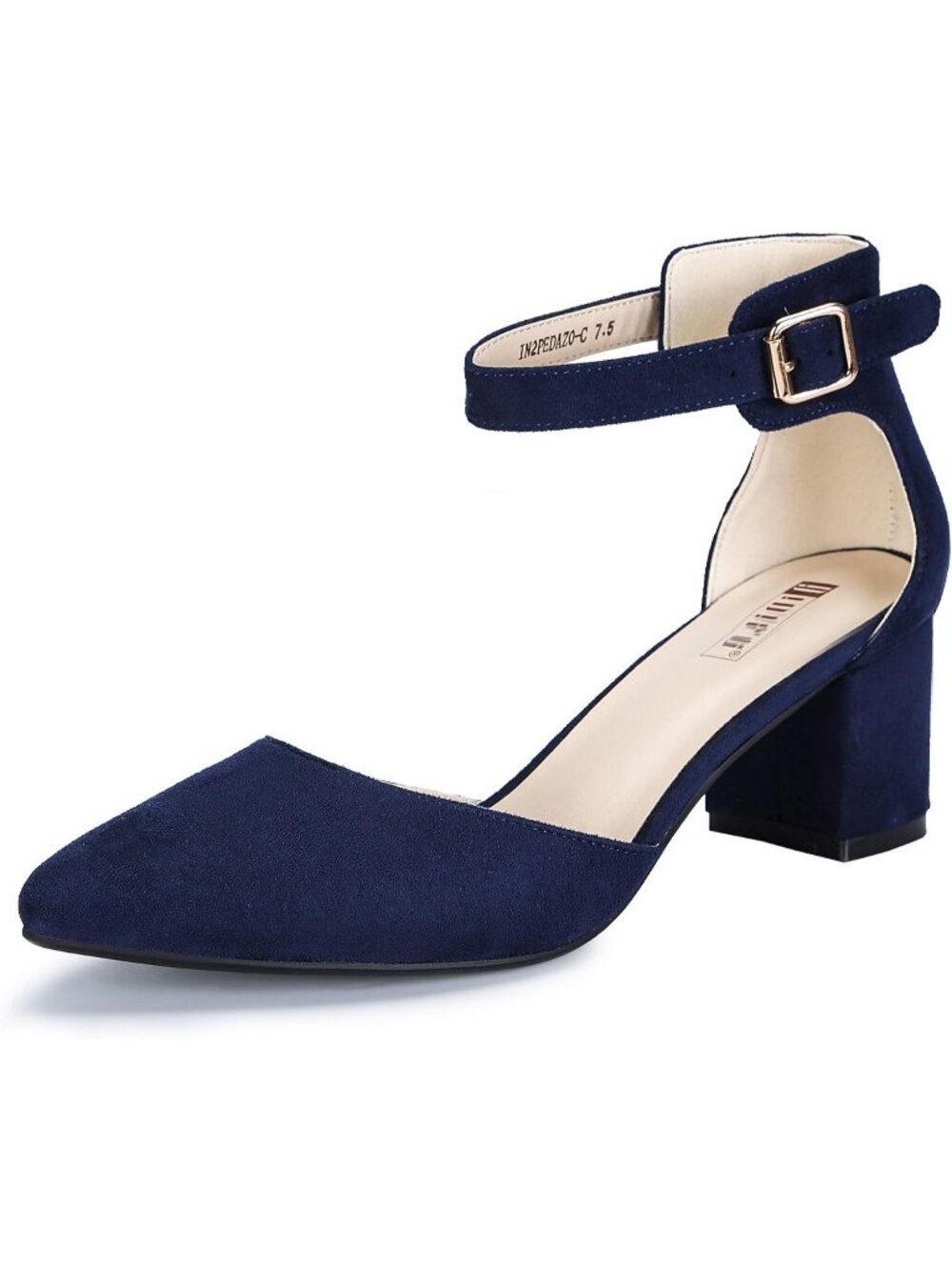 Women's Blue Suede Low Block Heels Pumps Chunky Closed Toe Ankle Strap Shoes